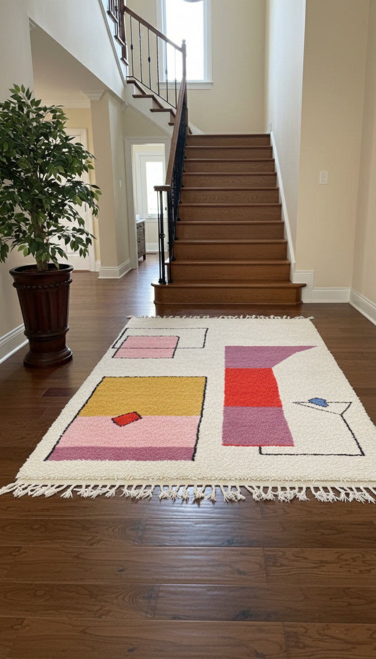 Handmade Moroccan rug with colorful geometric blocks in a bright hallway.