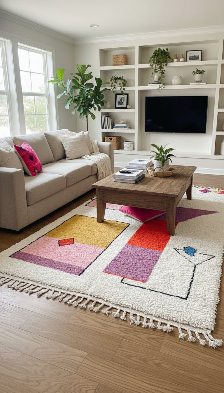 Modern Berber rug with pink, yellow, red, and purple shapes in a living room.