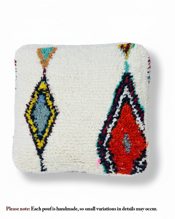 Handmade Berber Amnay pouf in natural wool with colorful geometric motifs