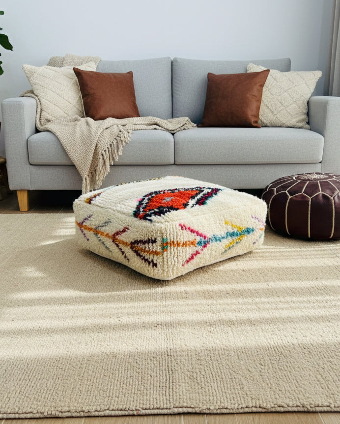 Square Berber Amnay floor pouf with traditional Moroccan patterns