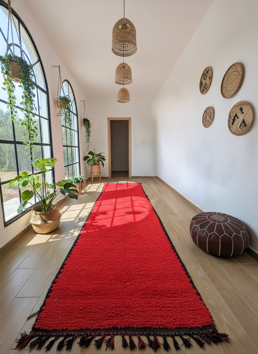 Long red Berber runner rug handmade from natural wool in Morocco