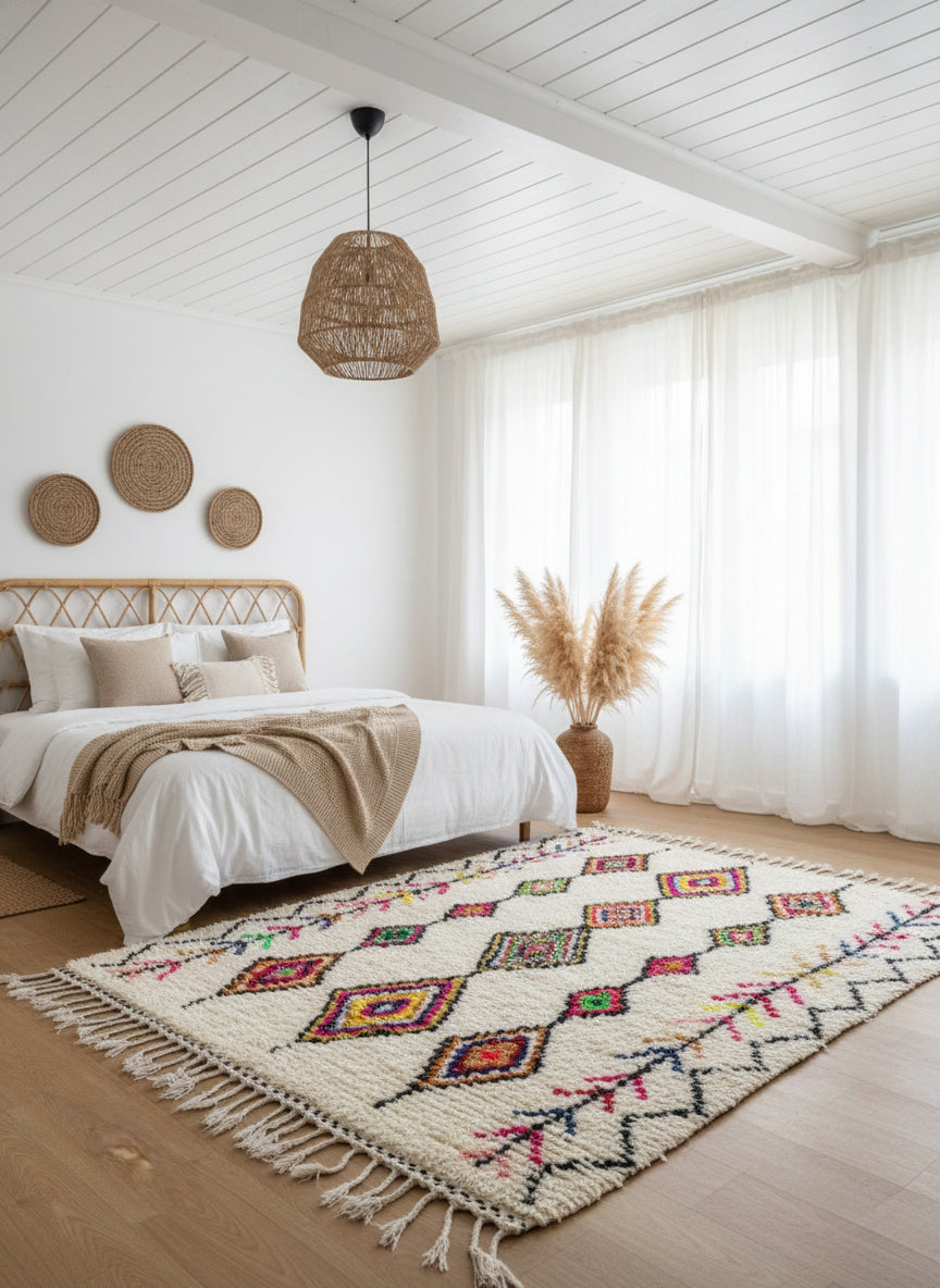 Berber rug with colorful diamond motifs styled in a neutral bedroom.