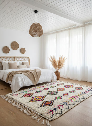 Berber rug with colorful diamond motifs styled in a neutral bedroom.