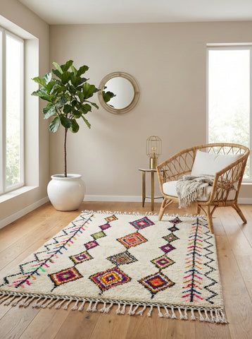 Cream Moroccan rug with colorful rhombus patterns in a bright sitting area.