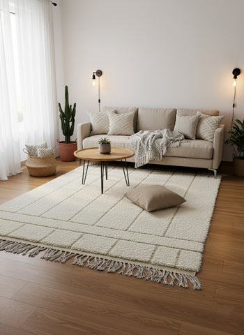 Tazgart Berber wool rug styled in a cozy living room with beige sofa and cactus plant.