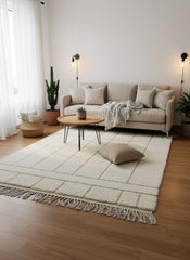Tazgart Berber wool rug styled in a cozy living room with beige sofa and cactus plant.