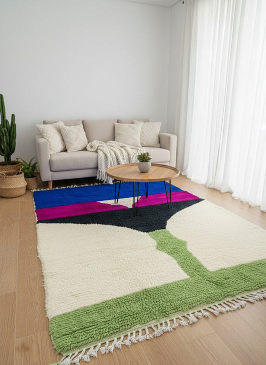 Tissam Moroccan rug styled in a modern living room with sofa and wooden table