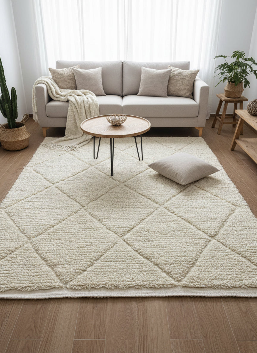 Handwoven Tinhinan Moroccan wool rug under neutral sofa and wooden table