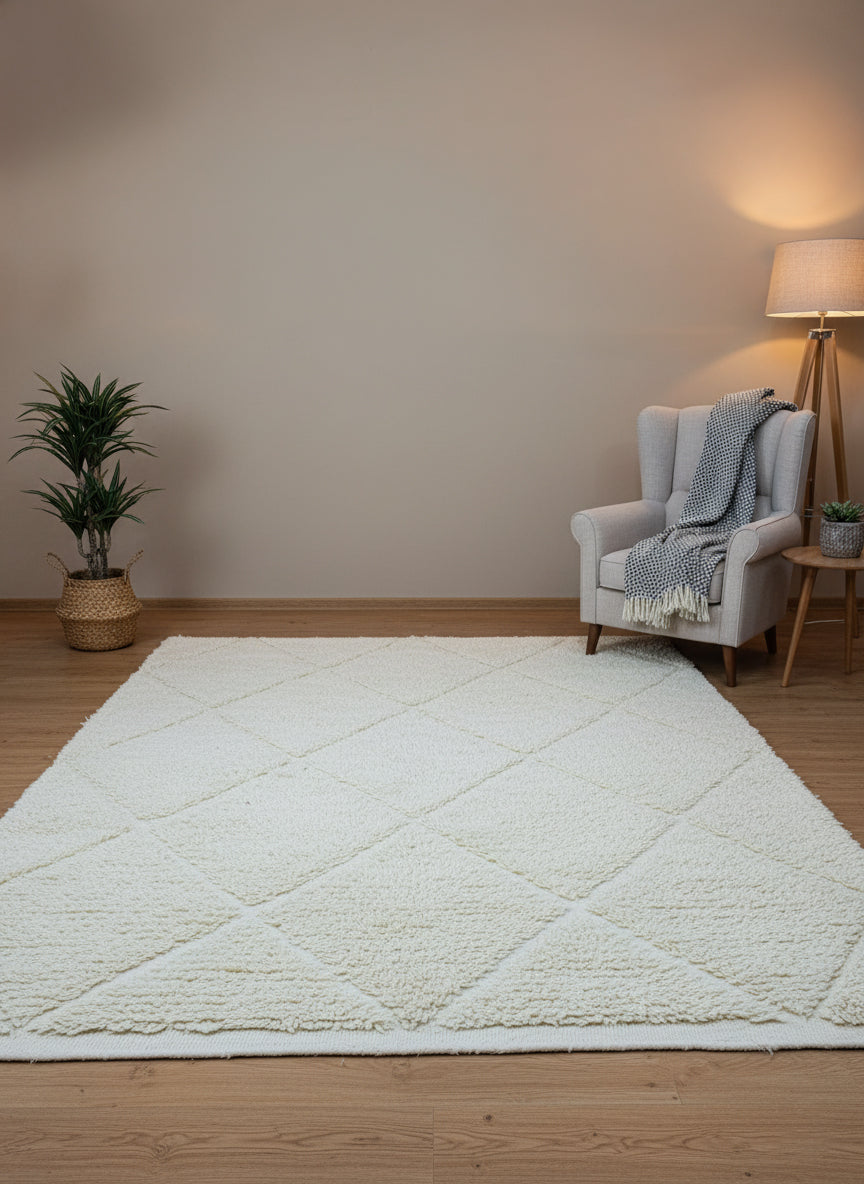 Ivory Berber area rug styled with armchair and floor lamp