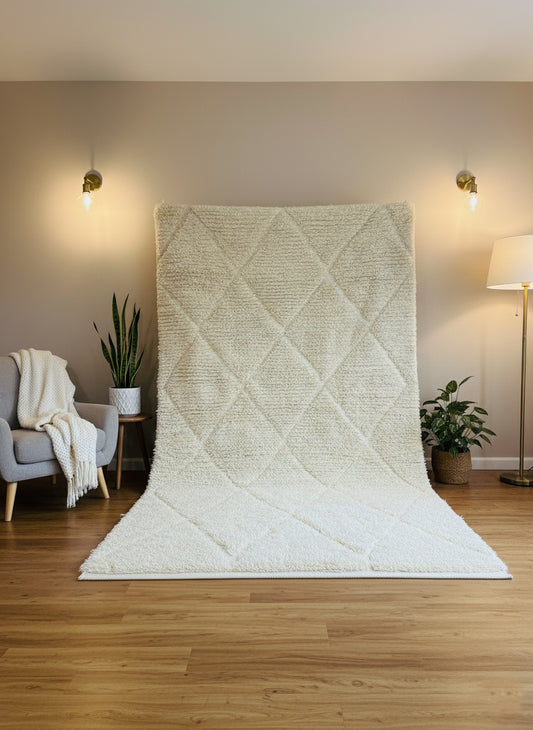Large cream Moroccan rug with geometric diamond texture against wooden floor