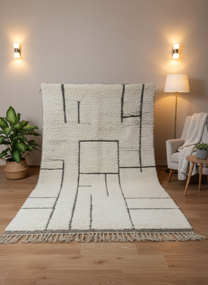 Tifawin Moroccan rug displayed in cozy living room with soft lighting