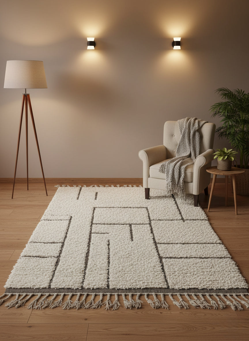 Cream wool rug with abstract black line pattern and fringe edges