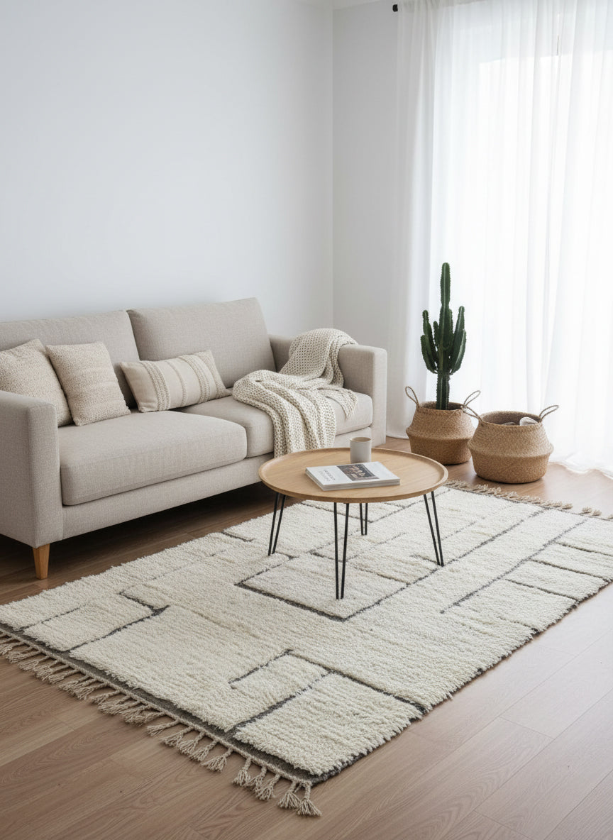 Moroccan Tifawin rug styled under beige sofa and wooden coffee table