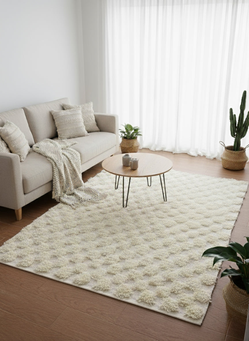 Neutral Moroccan wool rug in beige tones styled with armchair and lamp.