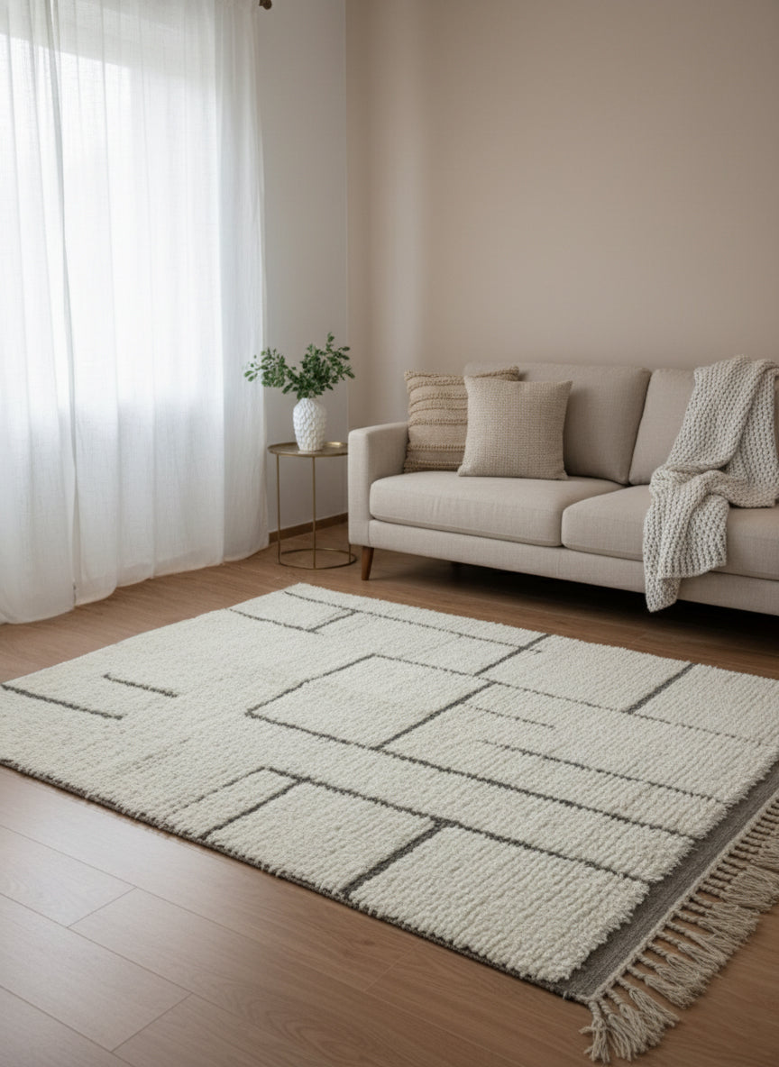 berber beige  rug with gray details in a bright living room 
