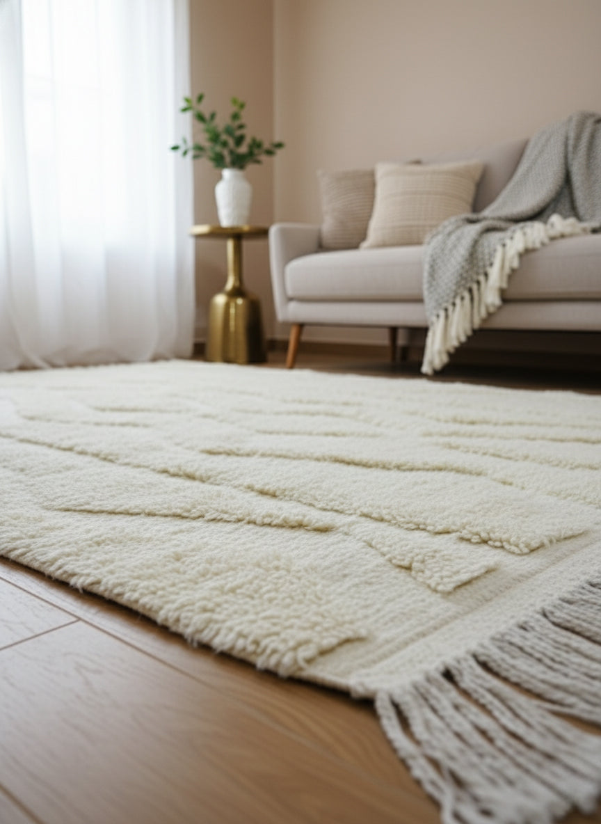 fringes details of the beige rug 