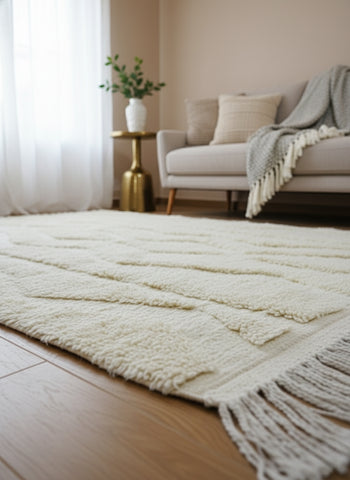 fringes details of the beige rug 