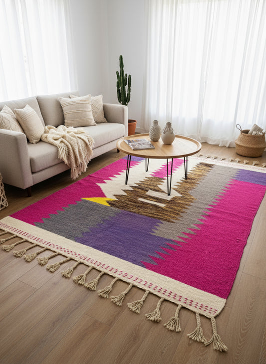 Moroccan wool rug with pink and purple zigzag design styled in a cozy living room.