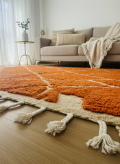 close up photo shows the details of the orange rug 