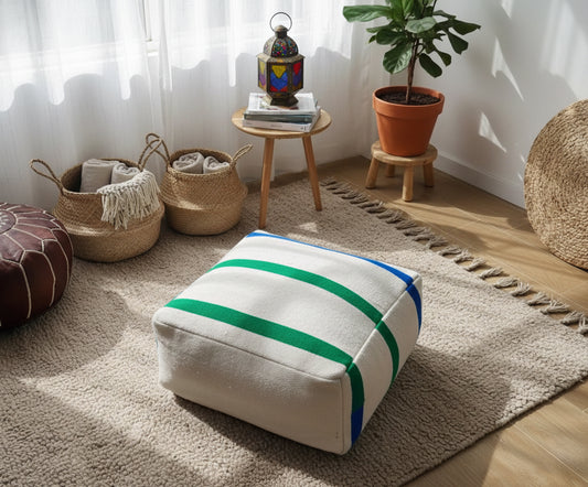 Yidir pouf with green and blue stripes