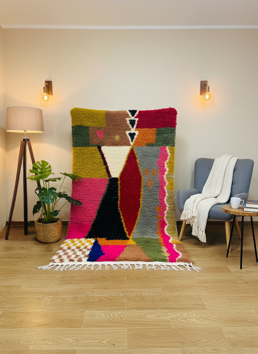 Handwoven Itto Berber wool rug with colorful geometric Moroccan design