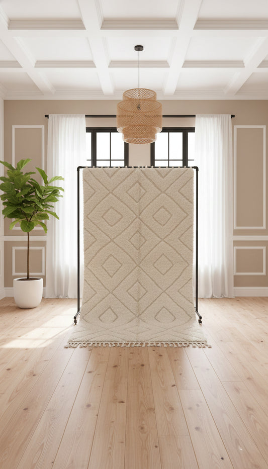 Handwoven Berber Tazlout Moroccan rug displayed on wooden rack