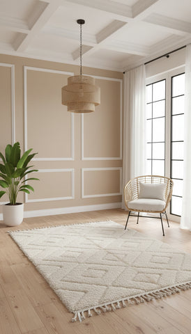 Ivory Berber Tazlout rug styled in minimalist living room