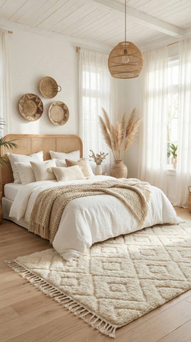 Moroccan Berber Tazlout wool rug with geometric design in bedroom