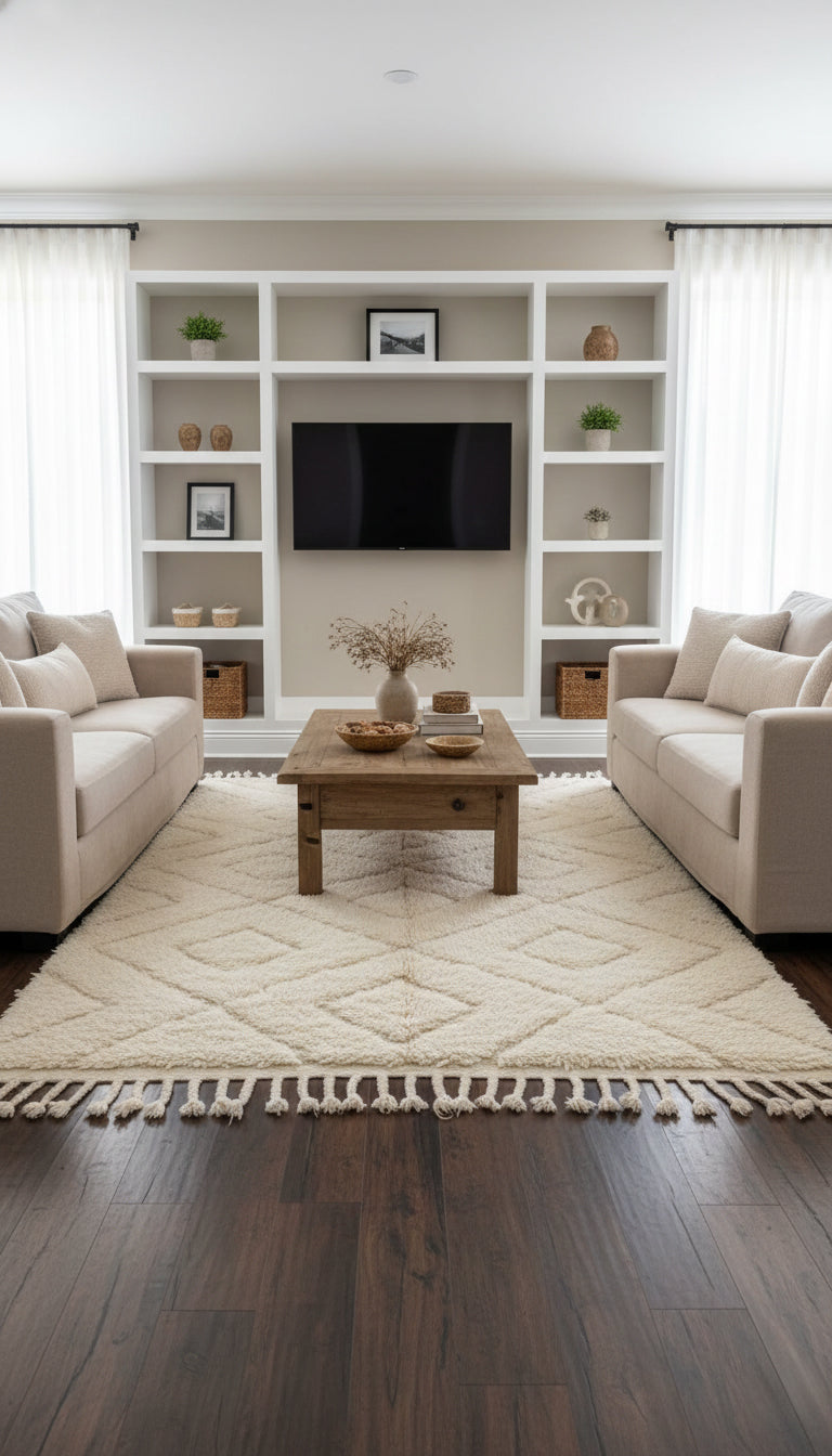 Neutral ivory Berber Tazlout rug with fringes in modern interior