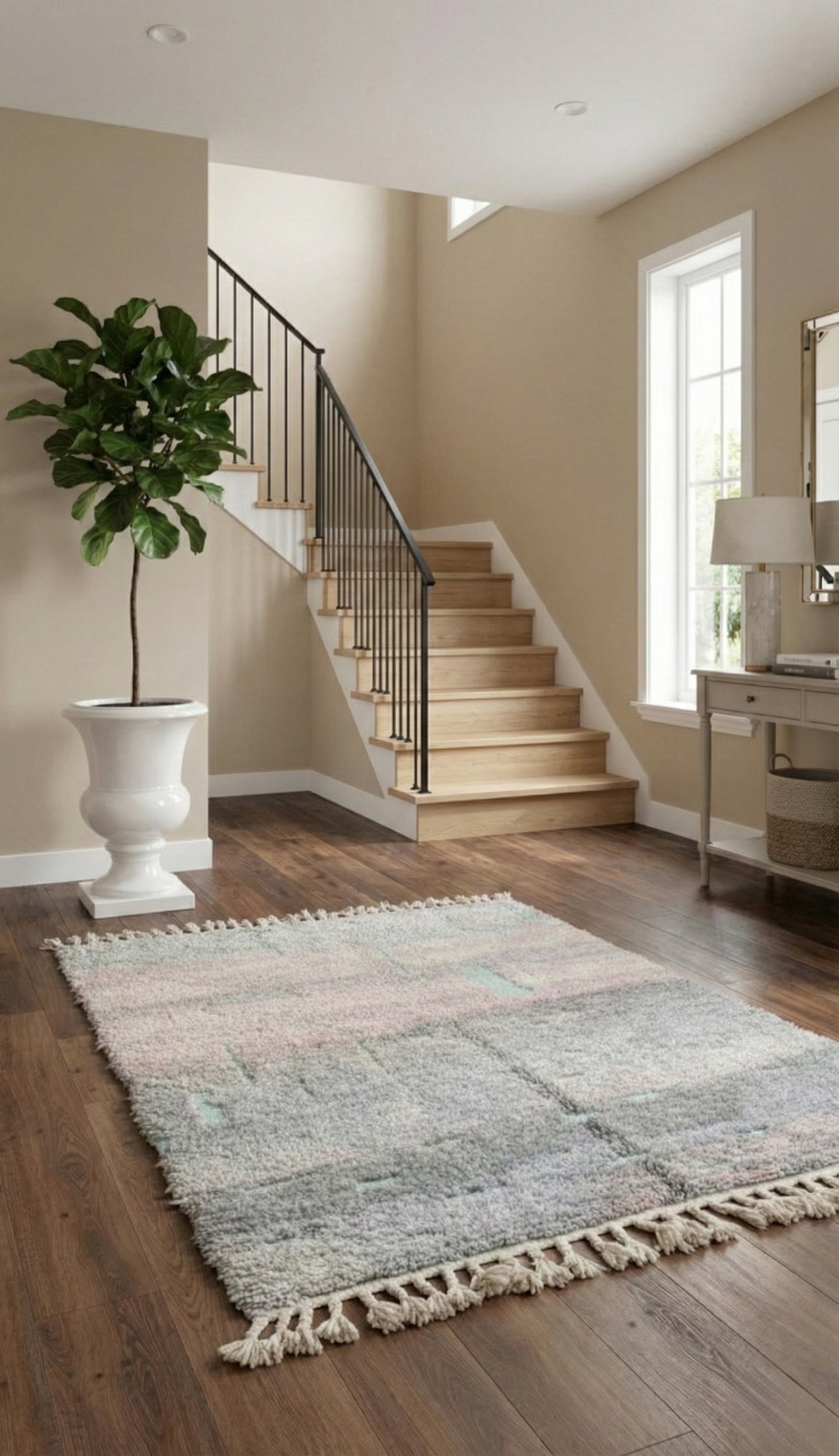Berber Tifra rug with soft pastel tones placed in a bright modern entryway