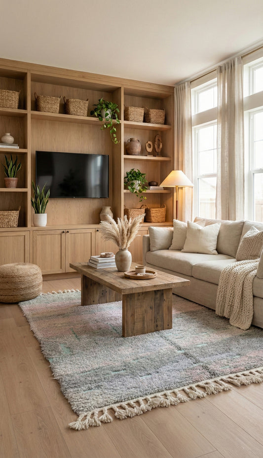 Berber Tifra rug with soft pastel tones styled in a warm modern living room