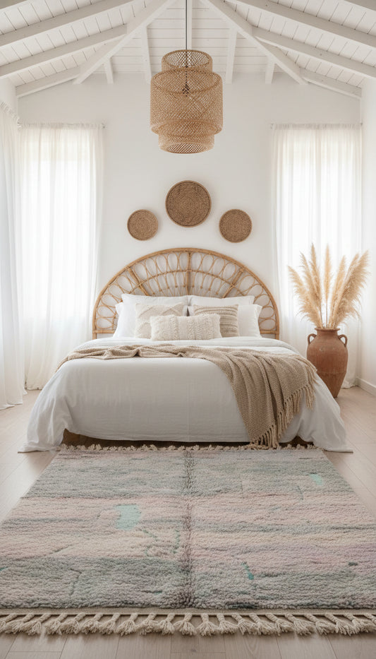 Soft pastel Berber Tifra area rug in a cozy bedroom setting