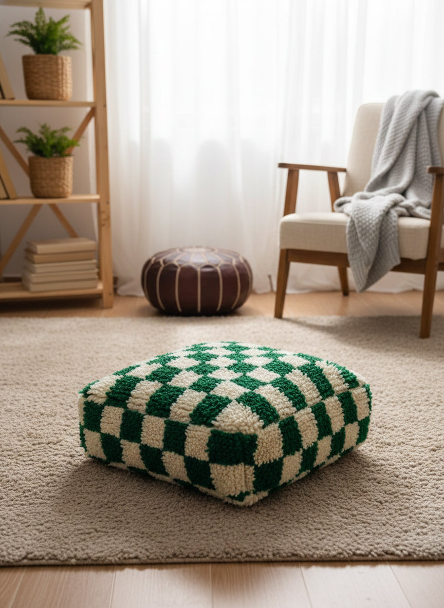 Checkerboard Elam pouf in a bright living room setting.