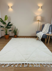 Neutral Berber rug with diamond pattern and fringes styled in cozy living room