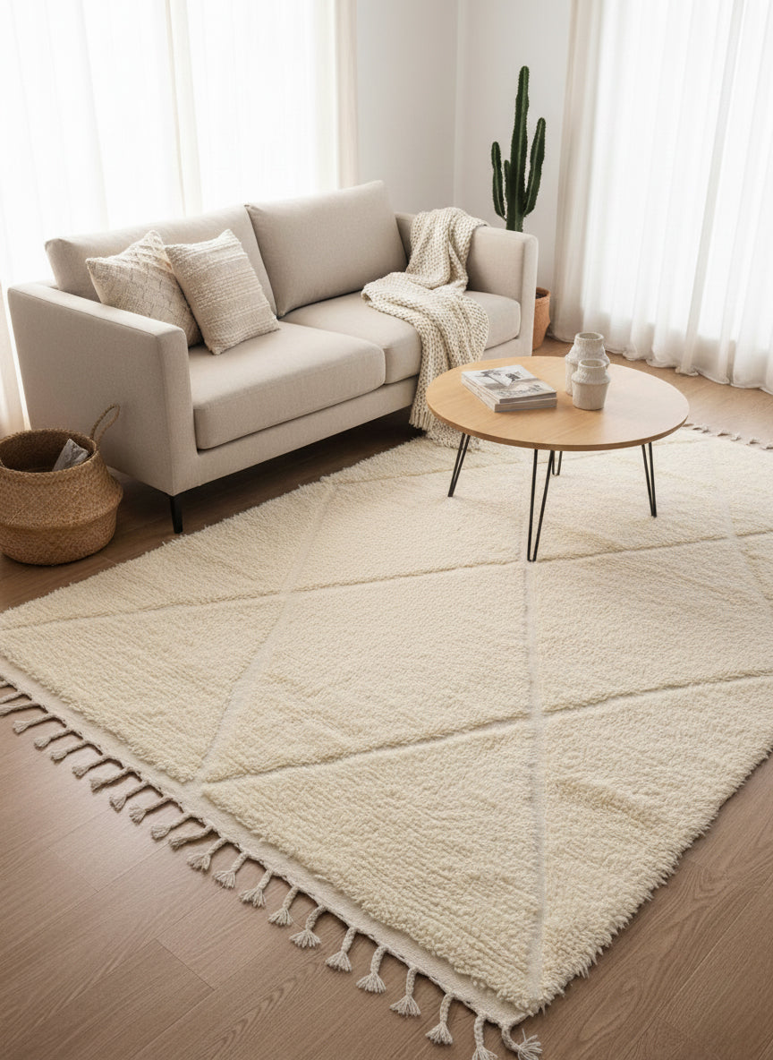 Handwoven Sifaw beige wool rug with diamond pattern in modern living room décor