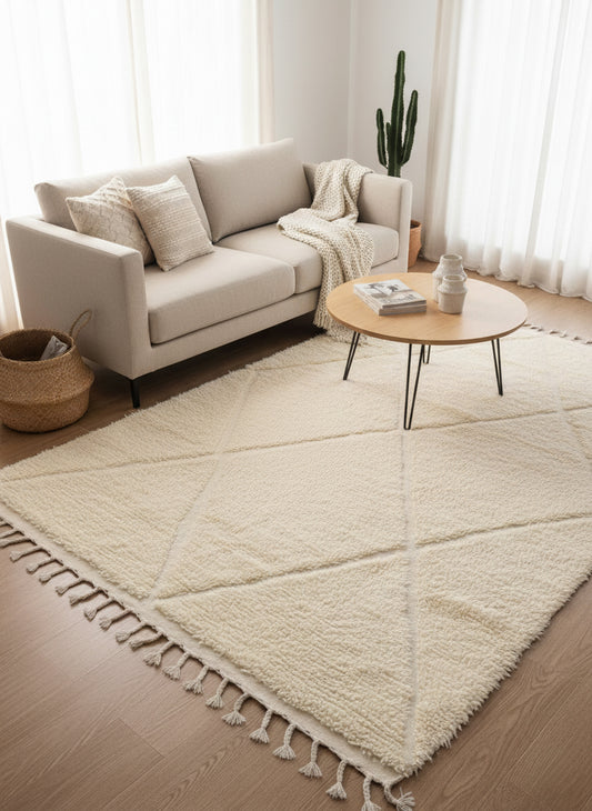Handwoven Sifaw beige wool rug with diamond pattern in modern living room décor