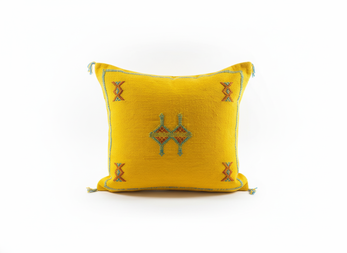 Yellow Moroccan pillow with geometric motifs on a plain white background