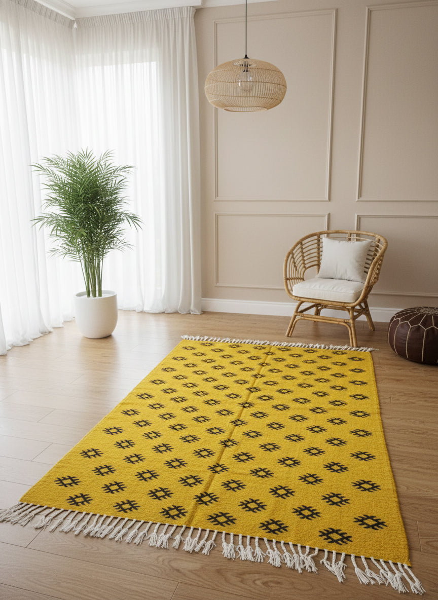 Yellow Moroccan Tilouin rug displayed in a minimalist room with natural light